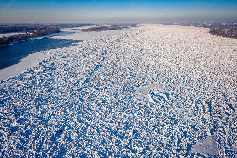 Big ice jam on winter river. Aerial view of winter Big ice jam on winter river. Aerial view of winter