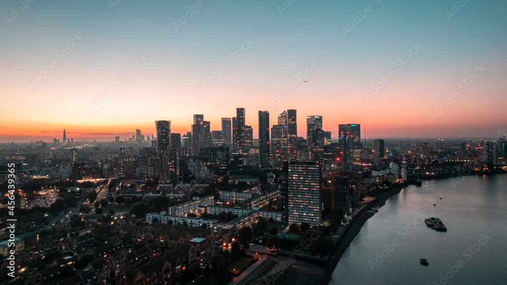 Canary wharf skyline aerial landscape