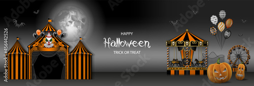 Halloween banner with circus, evil clown, carousel, ferris wheel and pumpkins. horror luna park