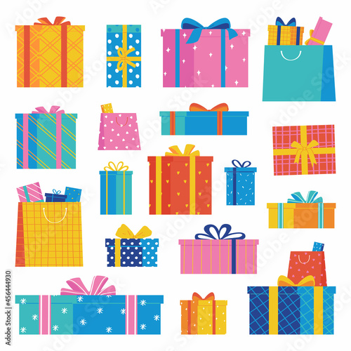 Set of gift boxes isolated on white background. Beautiful boxes tied with ribbons. Vector illustration in flat style