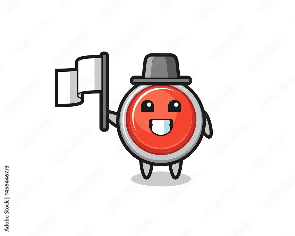 Cartoon character of emergency panic button holding a flag