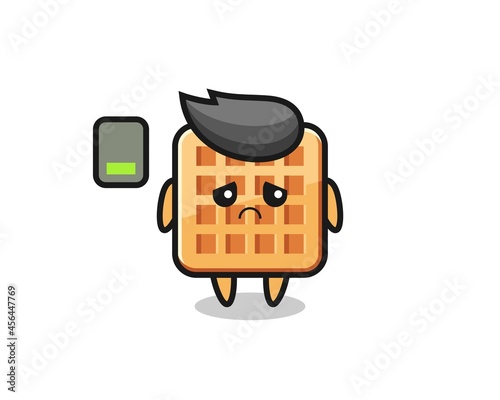 waffle mascot character doing a tired gesture