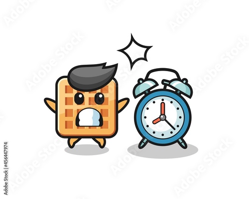 Cartoon Illustration of waffle is surprised with a giant alarm clock