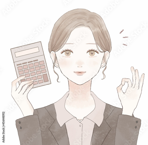 電卓を持つ、OKサインを出す女性社員