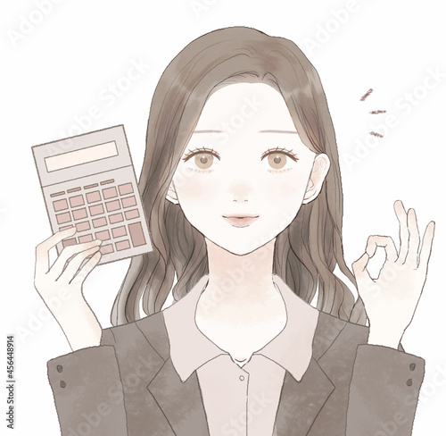 電卓を持つ、OKサインを出す女性社員