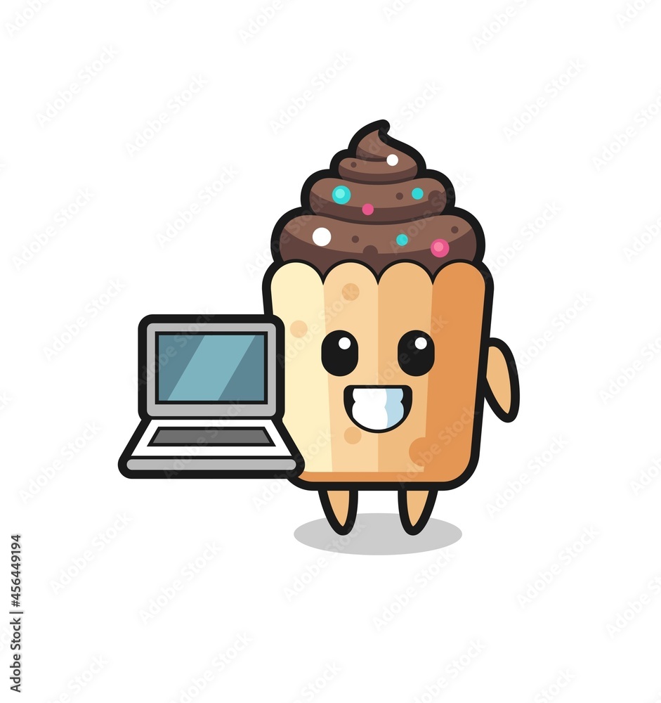 Mascot Illustration of cupcake with a laptop Mascot Illustration of cupcake with a laptop