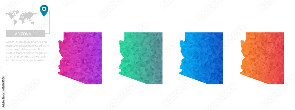 Set of vector polygonal Arizona maps. Bright gradient map of country in low poly style. Multicolored country map in geometric style for your infographics, polygonal design for your ,Vector eps10