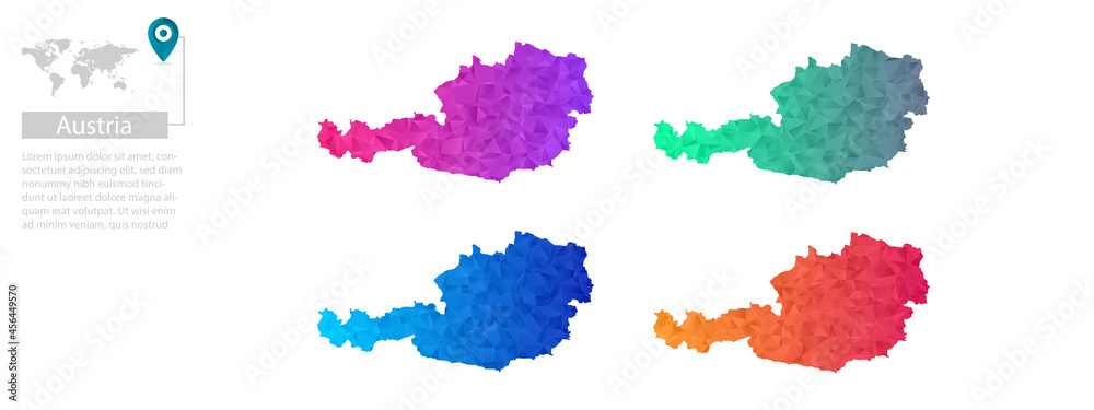 Set of vector polygonal Austria maps. Bright gradient map of country in low poly style. Multicolored country map in geometric style for your infographics, polygonal design for your ,Vector eps10