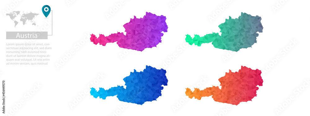 Set of vector polygonal Austria maps. Bright gradient map of country in low poly style. Multicolored country map in geometric style for your infographics, polygonal design for your ,Vector eps10 Set of vector polygonal Austria maps. Bright gradient map of country in low poly style. Multicolored country map in geometric style for your infographics, polygonal design for your ,Vector eps10
