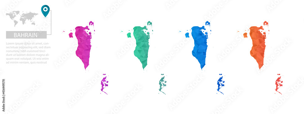 Set of vector polygonal Bahrain maps. Bright gradient map of country in low poly style. Multicolored country map in geometric style for your infographics, polygonal design for your ,Vector eps10