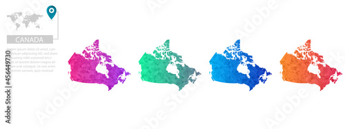 Set of vector polygonal Canada maps. Bright gradient map of country in low poly style. Multicolored country map in geometric style for your infographics, polygonal design for your ,Vector eps10