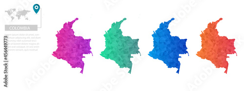 Set of vector polygonal Colombia maps. Bright gradient map of country in low poly style. Multicolored country map in geometric style for your infographics, polygonal design for your ,Vector eps10