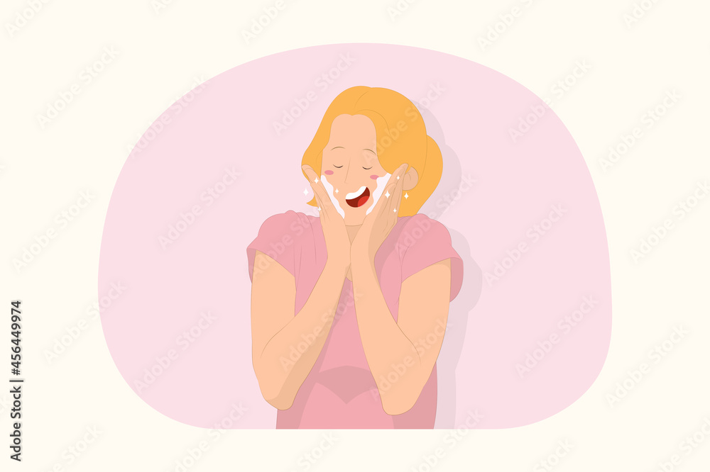 Young woman keeping eyes closed, put hands on cheeks, Cosmetics and beauty concept Young woman keeping eyes closed, put hands on cheeks, Cosmetics and beauty concept
