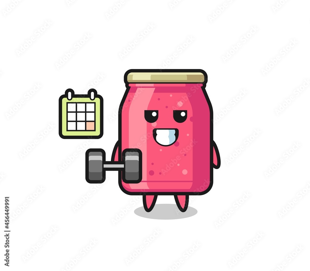 strawberry jam mascot cartoon doing fitness with dumbbell strawberry jam mascot cartoon doing fitness with dumbbell