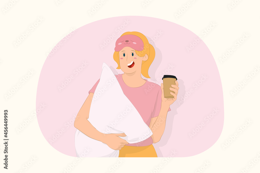 Young woman relaxing at home hold pillow paper cup of coffee in the morning concept Young woman relaxing at home hold pillow paper cup of coffee in the morning concept