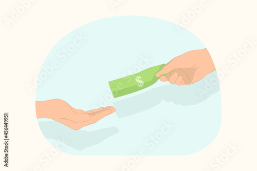 People hands giving and taking heap of money cash currency making bribe or giving salary concept