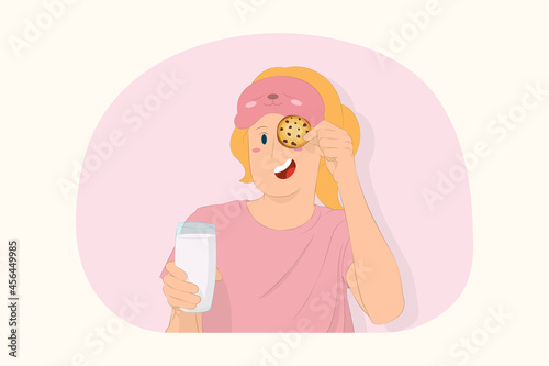 Young woman relaxing at home hold glass of milk cover eye with cookie concept