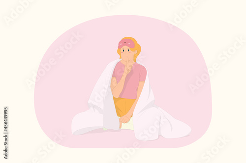 Young woman relaxing at home sitting wrap cover under blanket duvet do shhh gesture concept