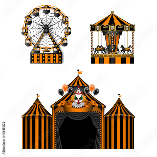Halloween luna park elements. horror amusement park. isolated circus, carousel and ferris wheel