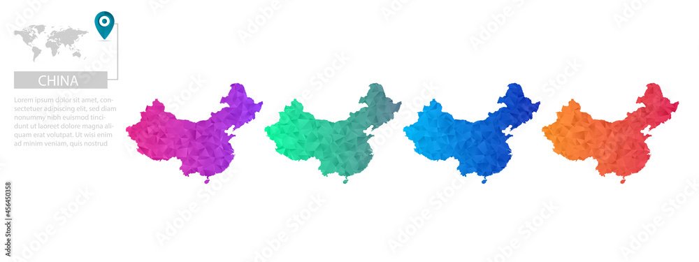 Set of vector polygonal China maps. Bright gradient map of country in low poly style. Multicolored country map in geometric style for your infographics, polygonal design for your ,Vector eps10