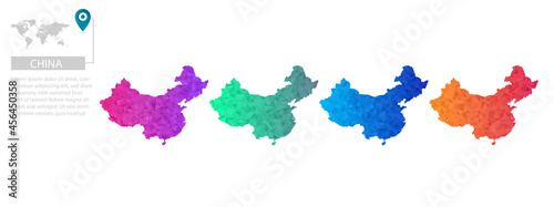 Set of vector polygonal China maps. Bright gradient map of country in low poly style. Multicolored country map in geometric style for your infographics, polygonal design for your ,Vector eps10