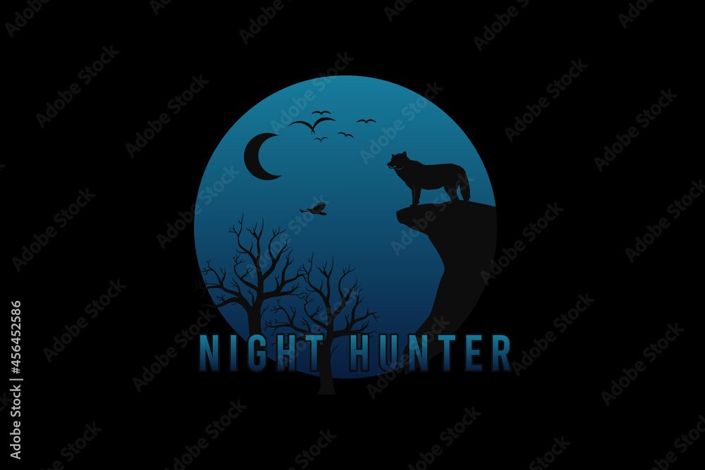 Night hunter, silhouette retro vintage style hand drawing