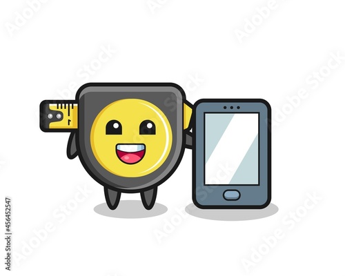 tape measure illustration cartoon holding a smartphone
