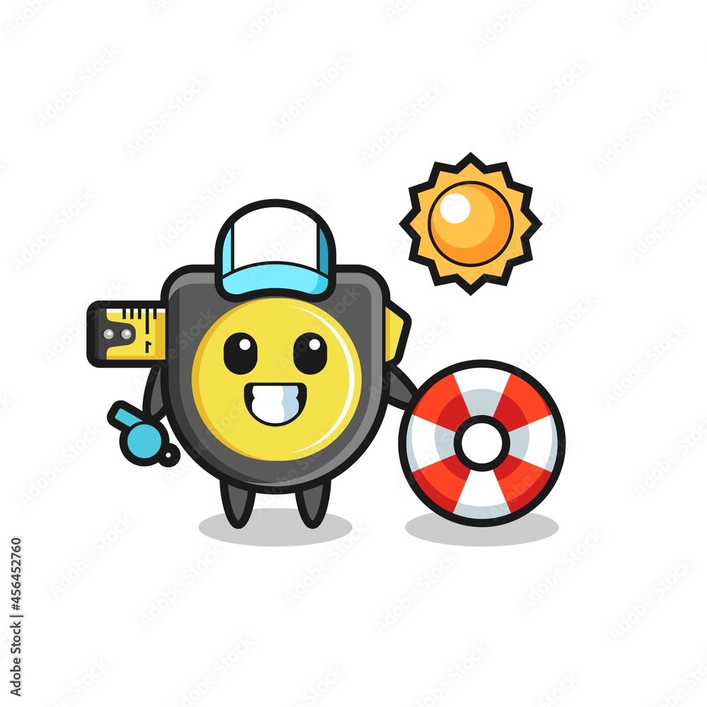 Fototapeta premium Cartoon mascot of tape measure as a beach guard
