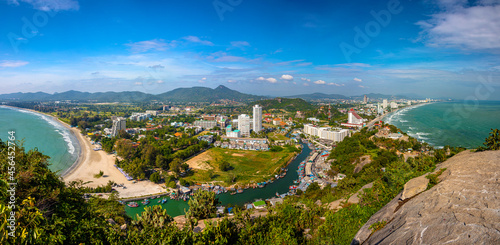 aerial panorama view photo of Khao Takiab Beach and Hua Hin Beach which was taken from Khao Takiab Mountain Can see the curve of the bay of both beaches as far as the eye can see.