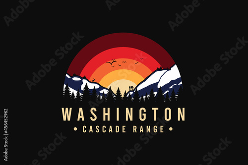 Washington cascade range, silhouette retro style