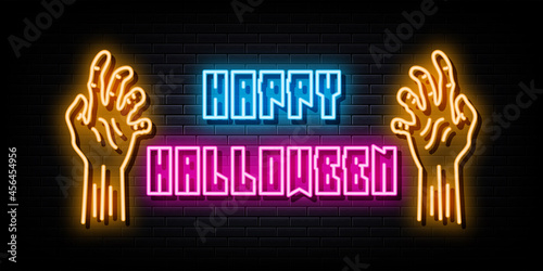 Happy Halloween Neon Signs Vector. Design Template Neon Style