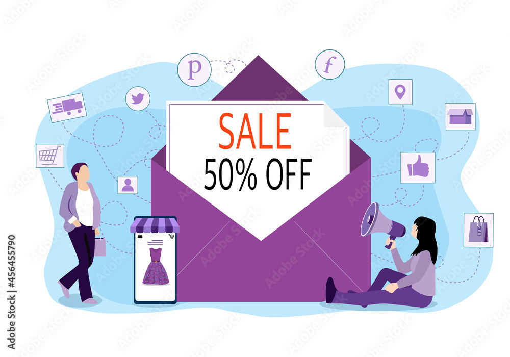 Shopping online with Email marketing concept for website, mobile application, web banner, info graphics or discount coupons.