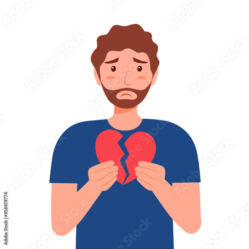 Broken heart concept vector illustration on white background. Sad man holding red broken heart pieces.