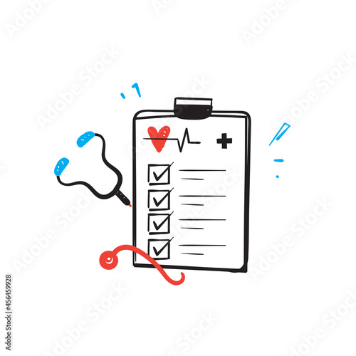 hand drawn doodle clipboard and stethoscope illustration symbol for medical record test illustration vector