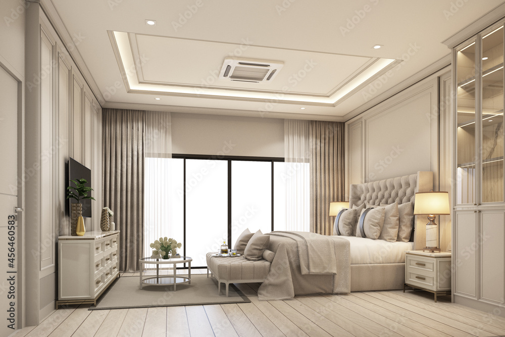 Fototapeta premium interior design modern classic style of bedroom with white wood and gold steel texture and gray furniture bed set with windows and sheer curtain on wooden floor 3d rendering interior