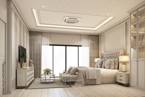 interior design modern classic style of bedroom with white wood and gold steel texture and gray furniture bed set with windows and sheer curtain on wooden floor 3d rendering interior