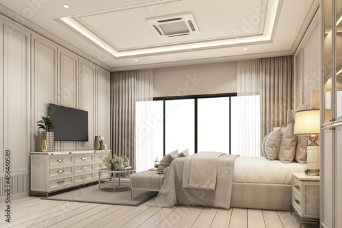 interior design modern classic style of bedroom with white wood and gold steel texture and gray furniture bed set with windows and sheer curtain on wooden floor 3d rendering interior © Jokiewalker