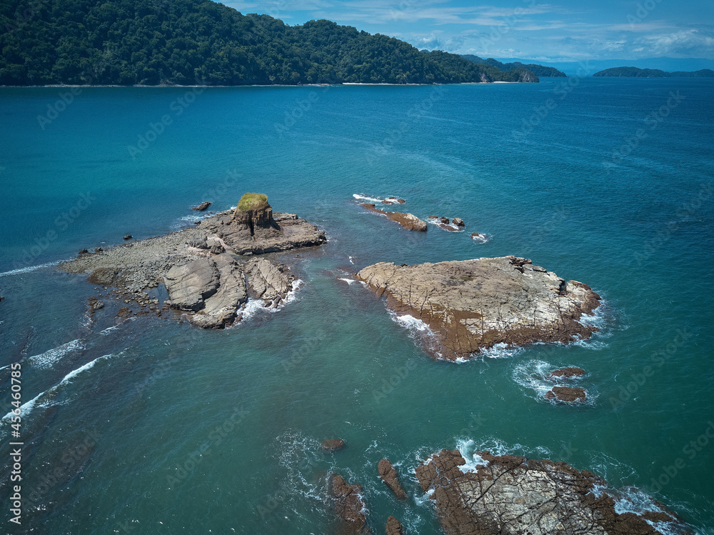Empty rocky area  near Curu Preserve in Costa Rica with the Gulf of Nicoya in the background from an Aerial drone