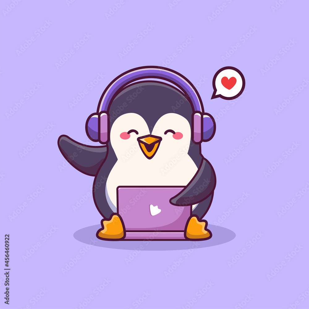 Cute penguin with headphone working on a laptop icon cartoon illustration Cute penguin with headphone working on a laptop icon cartoon illustration