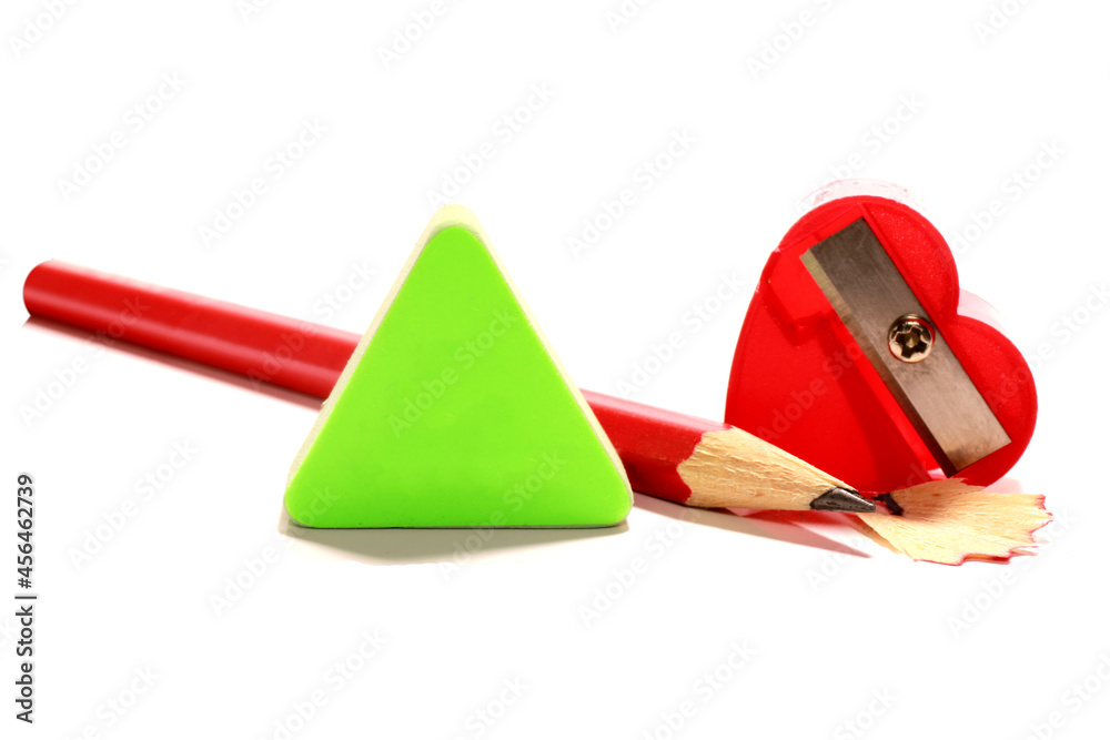 pencil to sharpen, erase, write, the isolated white background, a close