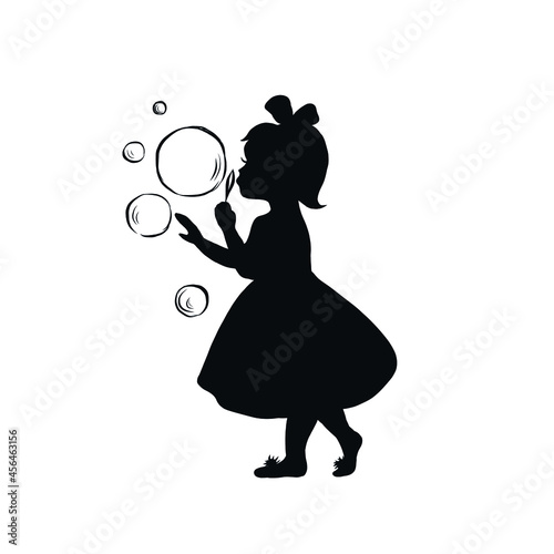 Silhouette of girl blowing soap bubbles. Hand drawn vector clip art. Illustration for a children's book with fairy tales, postcards, interior poster