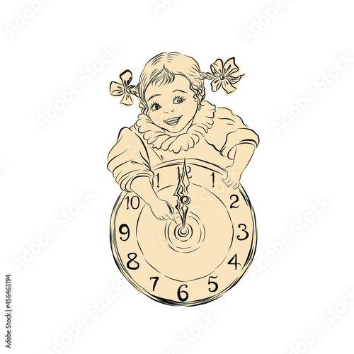 Funny smiling girl moves the hands on the clock. Midnight. The chimes strike. New Year.