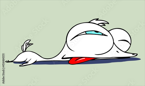 The tired goose with the tongue hanging out lays on the earth and has a rest.