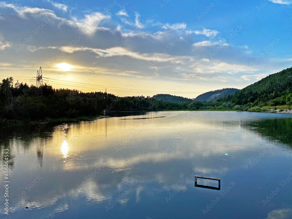 Fototapeta premium Artificial lake Potkos or Lake Potkoš, Fuzine - Gorski kotar, Croatia (Umjetno jezero Potkoš ili akumulacijsko jezero Potkoš, Fužine - Gorski kotar, Hrvatska)
