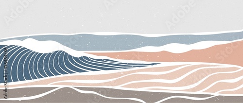 minimalistischer moderner Linienkunstdruck. Abstrakte Meereswellen- und Gebirgslandschaften mit zeitgenössischen ästhetischen Hintergründen. mit meer, skyline, welle. Vektorillustrationen