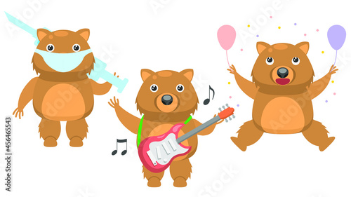 Set Abstract Collection Flat Cartoon 
Different Animal Wombats Celebrating Birthday, Plays The Electric Guitar, Masked Doctor With Syringe Vector Design Style Elements Fauna Wildlife