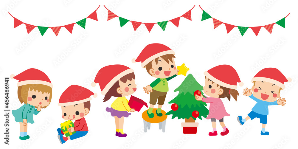 楽しそうにクリスマスパーティーの準備をする可愛い小さな子供たちのイラスト　白背景　クリップアート