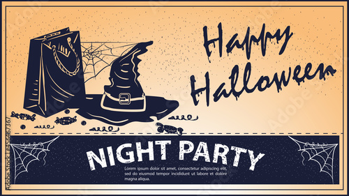 Vintage invitation for Halloween party witch hat and package
