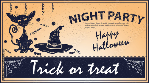 Vintage invitation for Halloween hellcat and witch hat