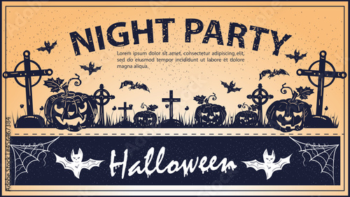 Vintage invitation for Halloween pumpkins among crosses